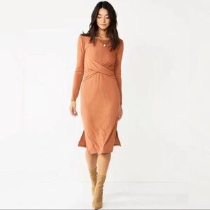 NINE WEST Bodycon Ribbed Midi Dress Copper Orange Knot Waist Long Sleeve